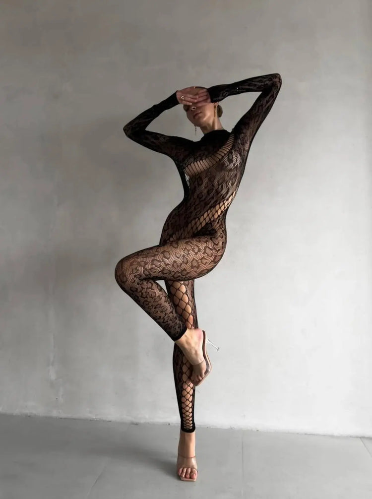 Leo Lace Bodystocking for Women – Full Body Long Sleeve Sheer Mesh – Chaotic Fashion
