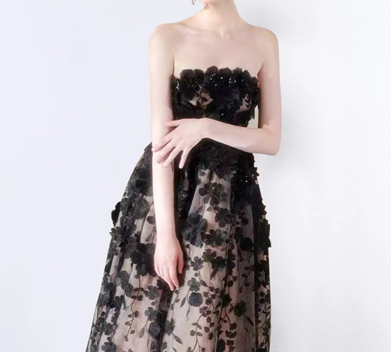 Strapless floral applique midi dress styled as cocktail attire