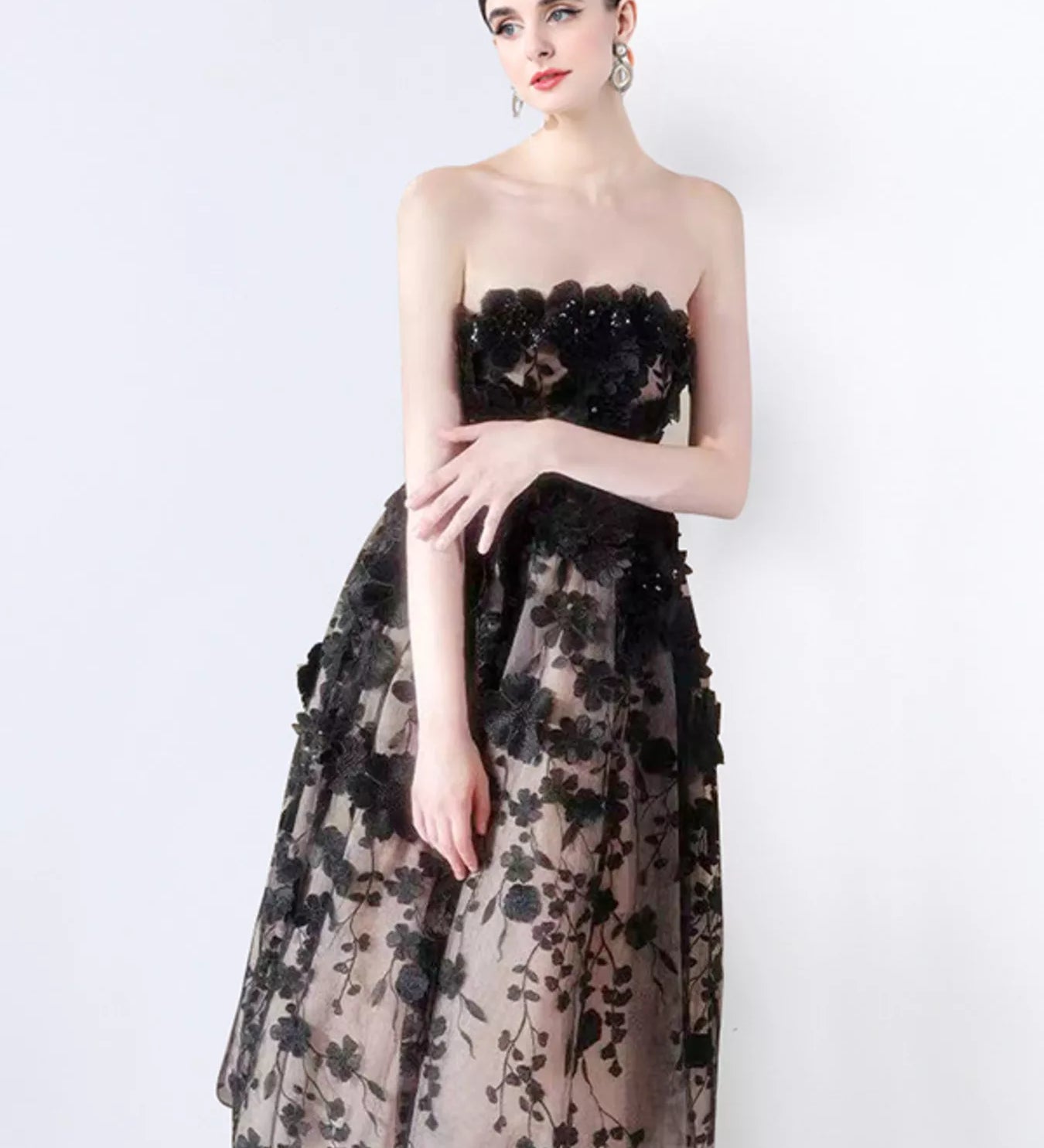 Strapless floral applique midi dress styled as cocktail attire