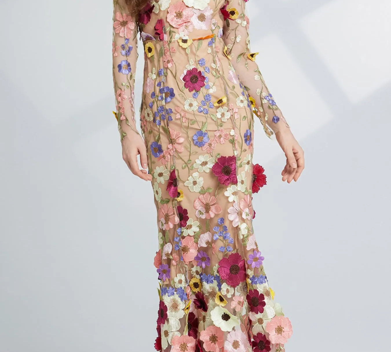 Floral embroidered mesh long sleeve midi fall wedding guest dress from the Chaotic Fashion occasion dress collection