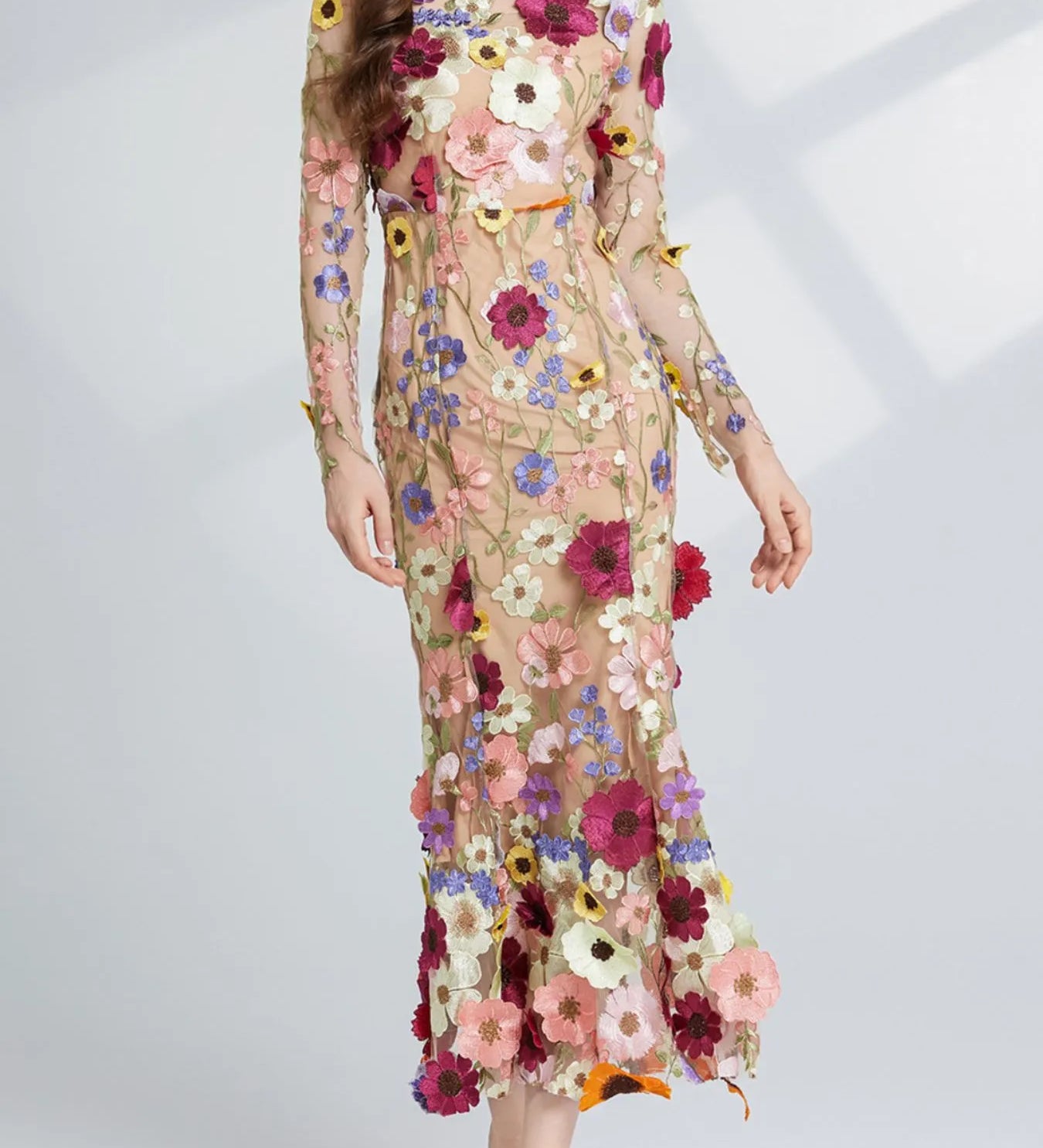 Floral embroidered mesh long sleeve midi fall wedding guest dress from the Chaotic Fashion occasion dress collection