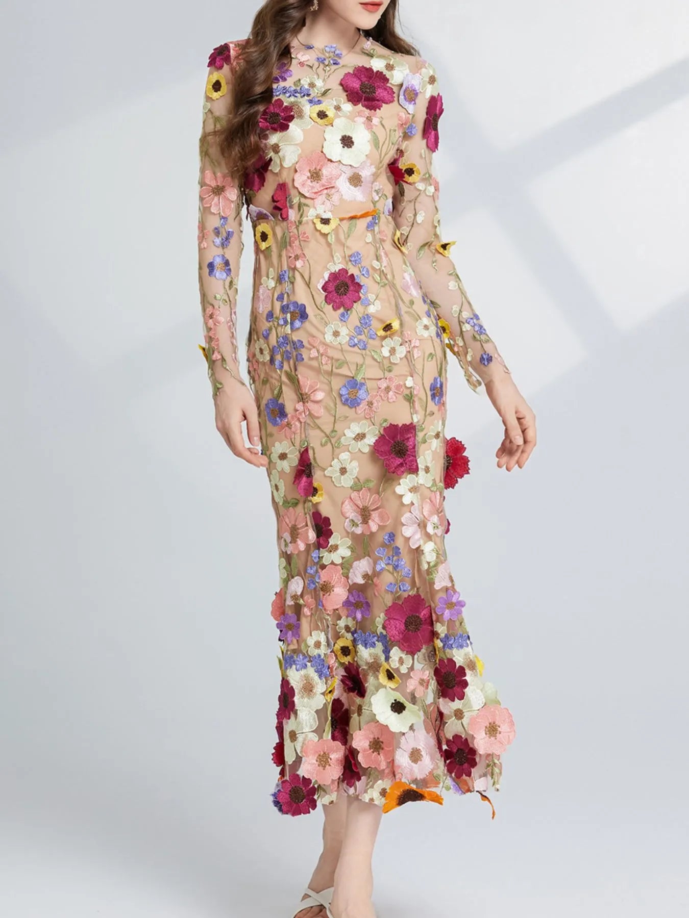 Floral embroidered mesh long sleeve midi fall wedding guest dress from the Chaotic Fashion occasion dress collection