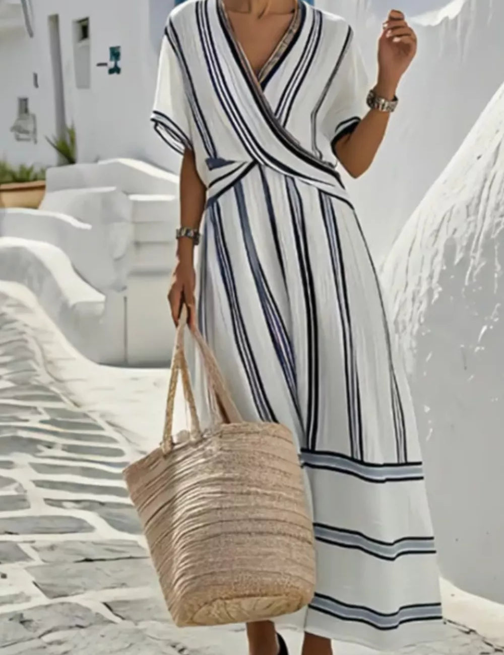 Striped Maxi Dress for Women – Half Sleeve in Dark Navy – Chaotic Fashion