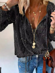 Feminine Lace Blouse – Khaki Tie Neckline – Chaotic Fashion