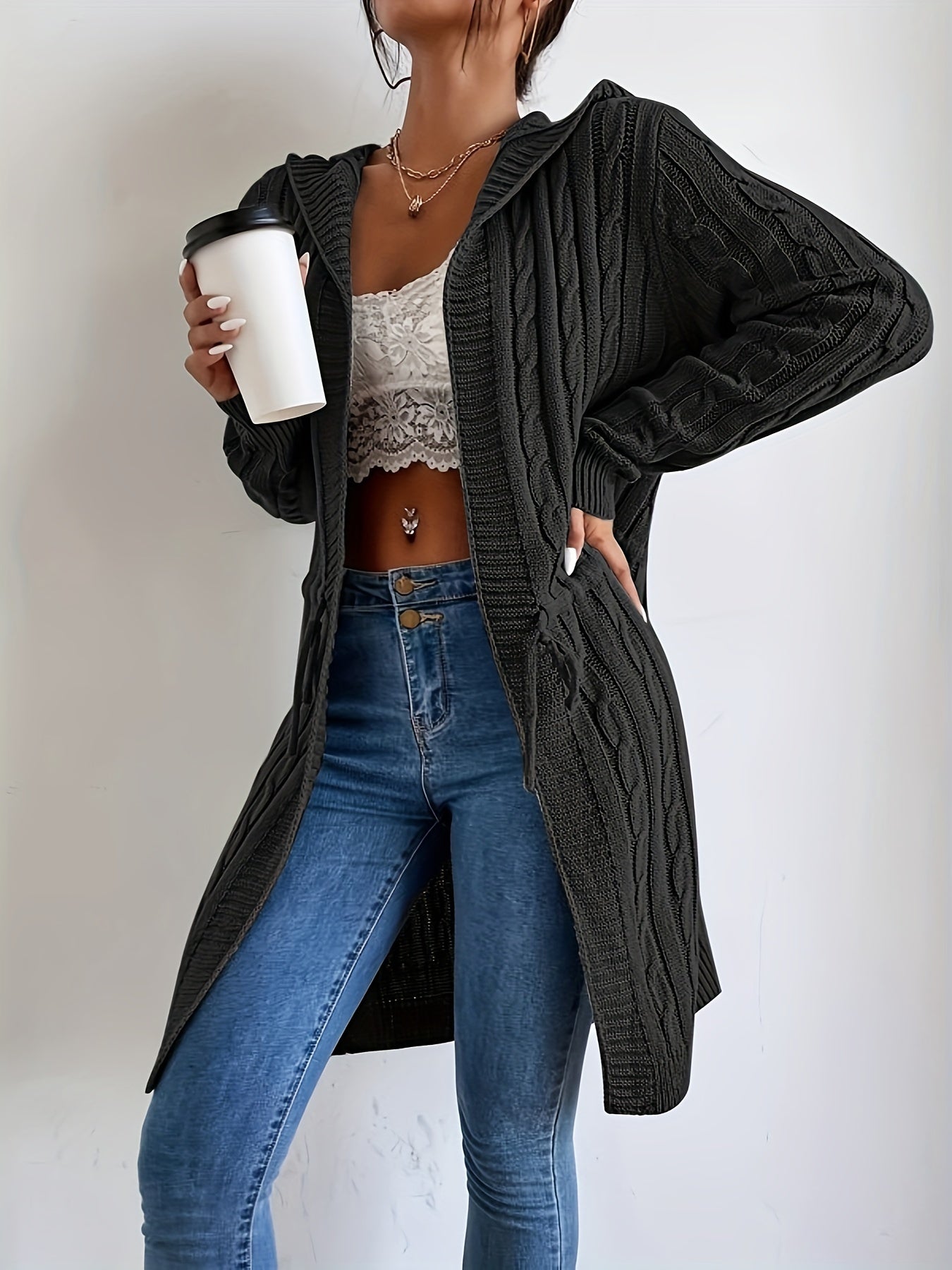 Women’s Long Knit Cardigan | V-Neck Hooded Drawstring Sweater for Fall & Winter