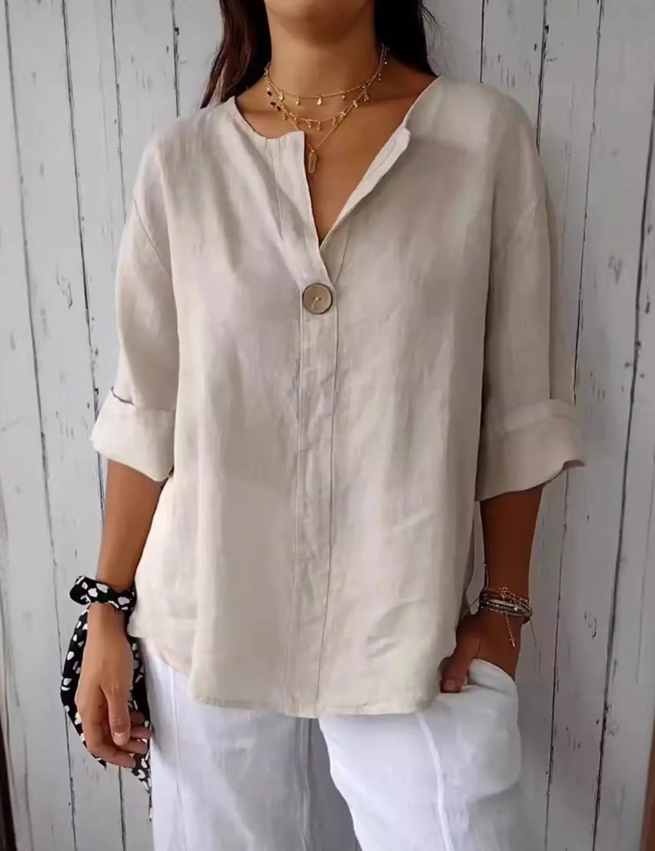 Linen Blouse – Notched Neck in Apricot – Chaotic Fashion