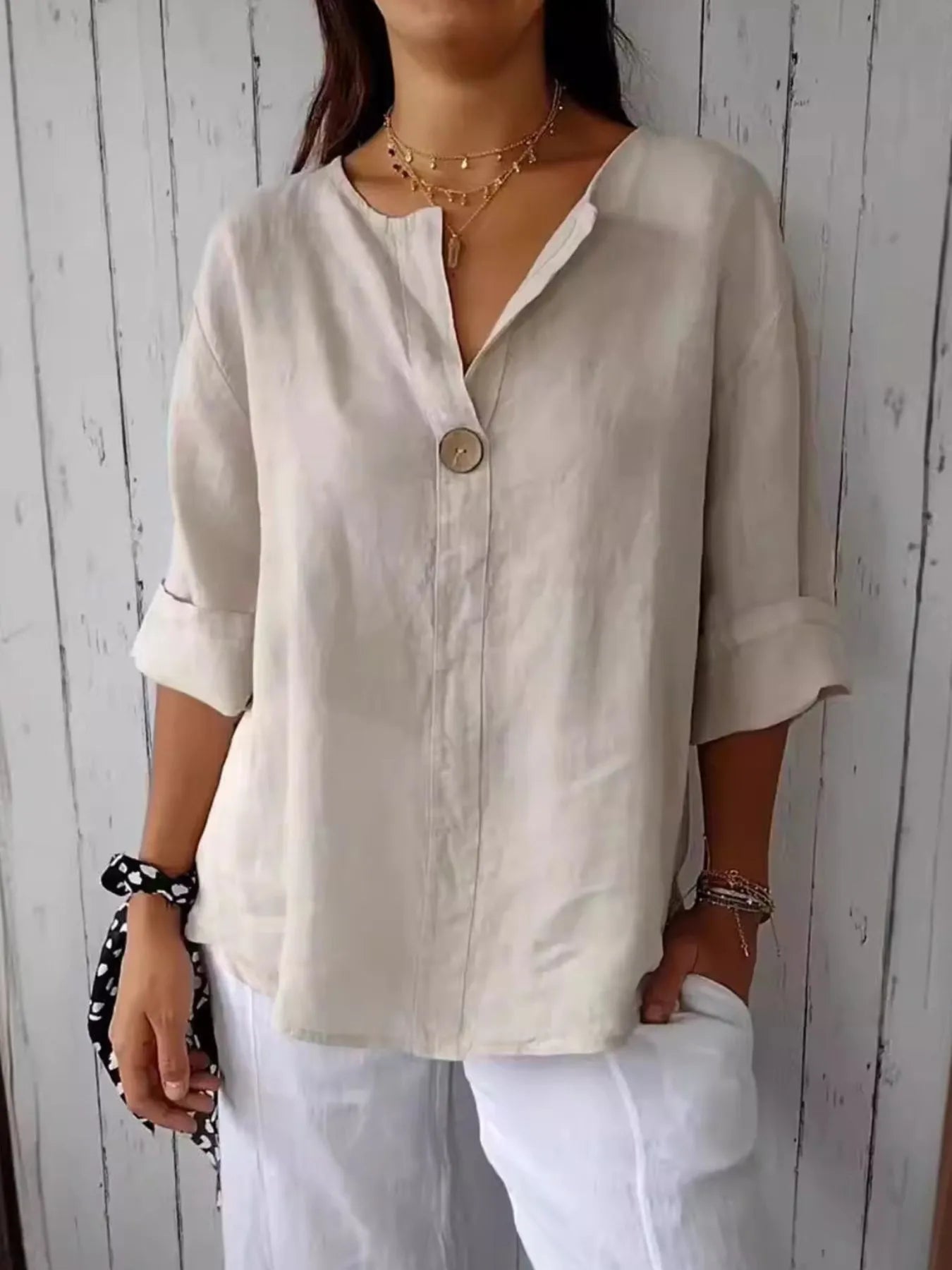 Linen Blouse – Notched Neck in Apricot – Chaotic Fashion