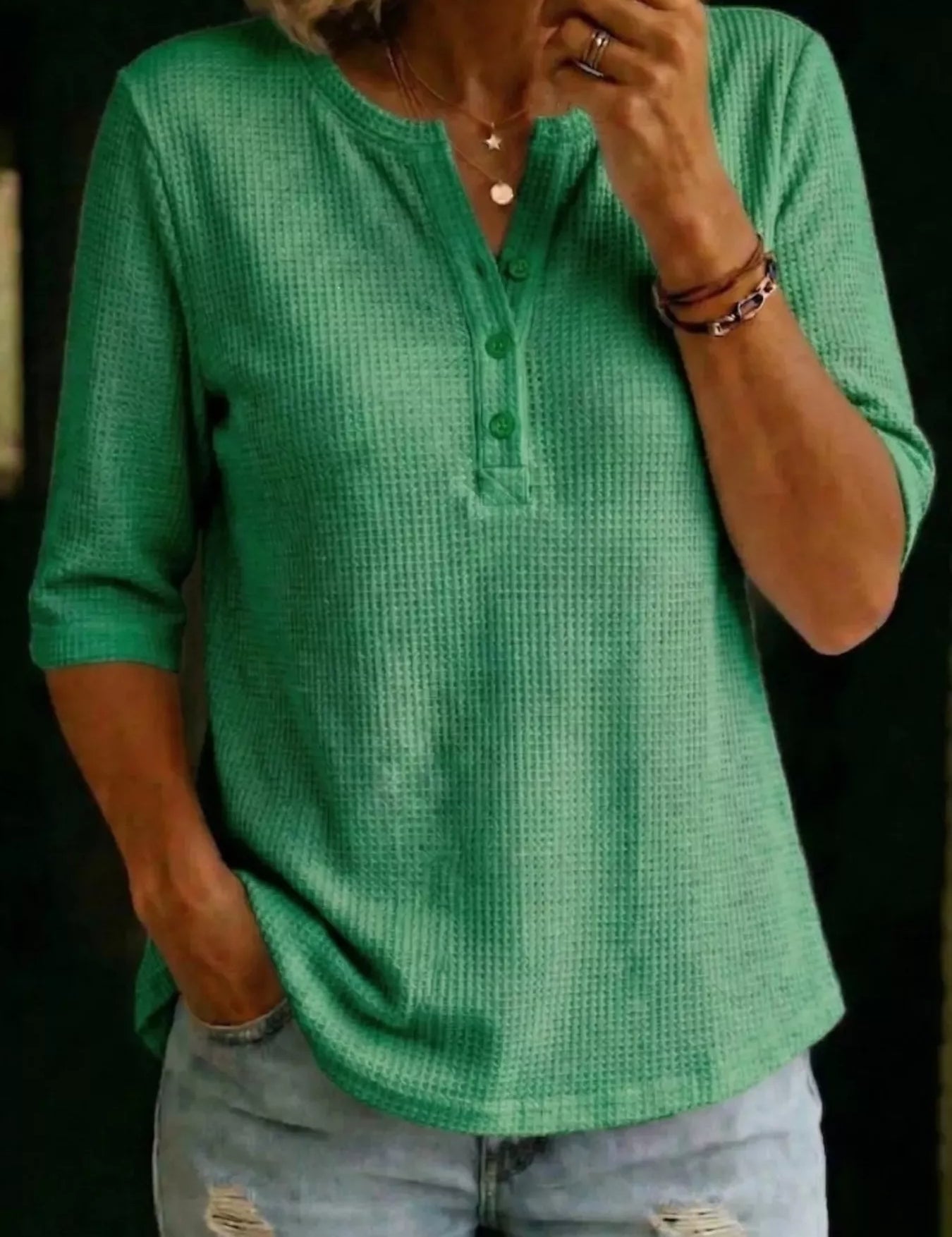 Waffle Knit Henley – Green Colorway – Chaotic Fashion