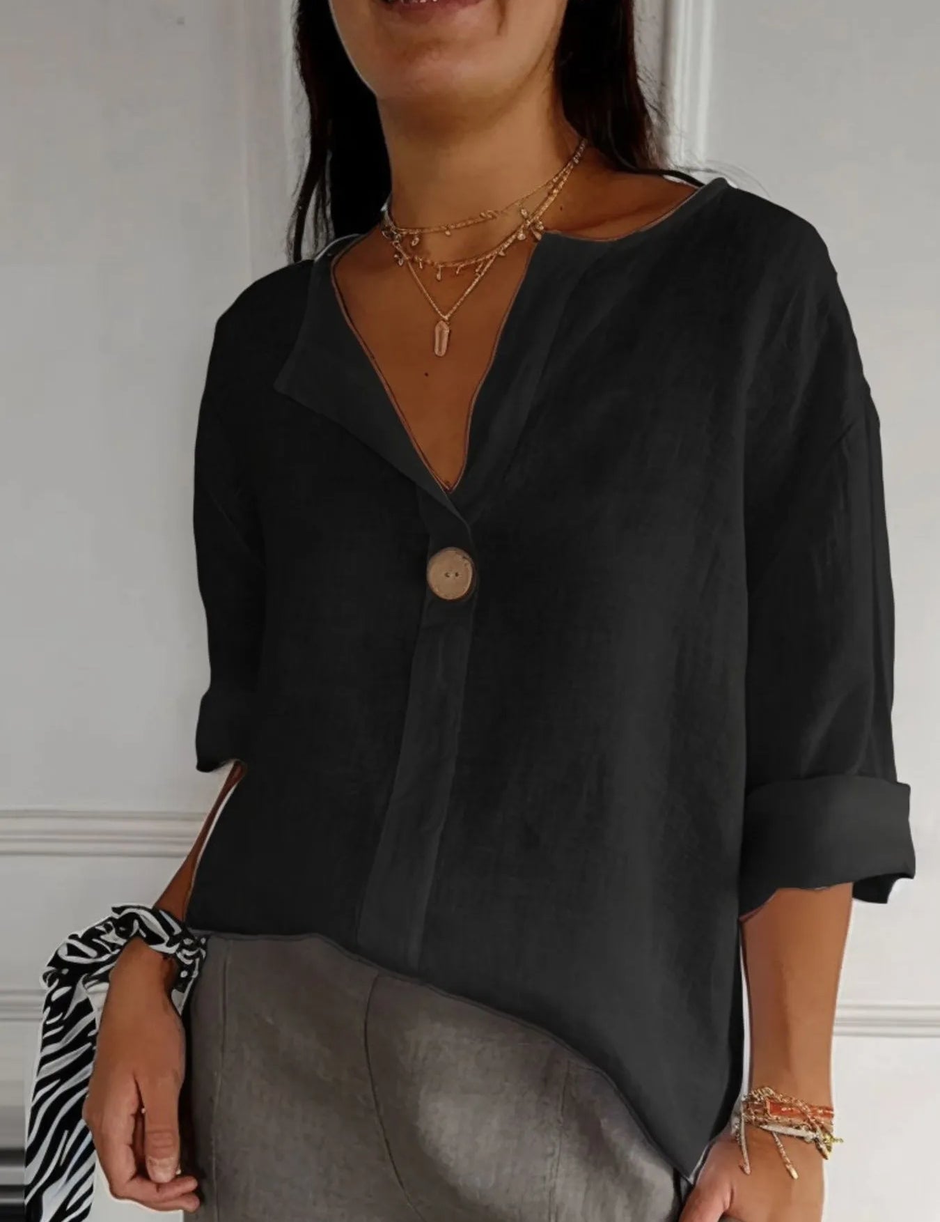 Button-Front Blouse for Women – Linen Look in Navy Blue – Chaotic Fashion