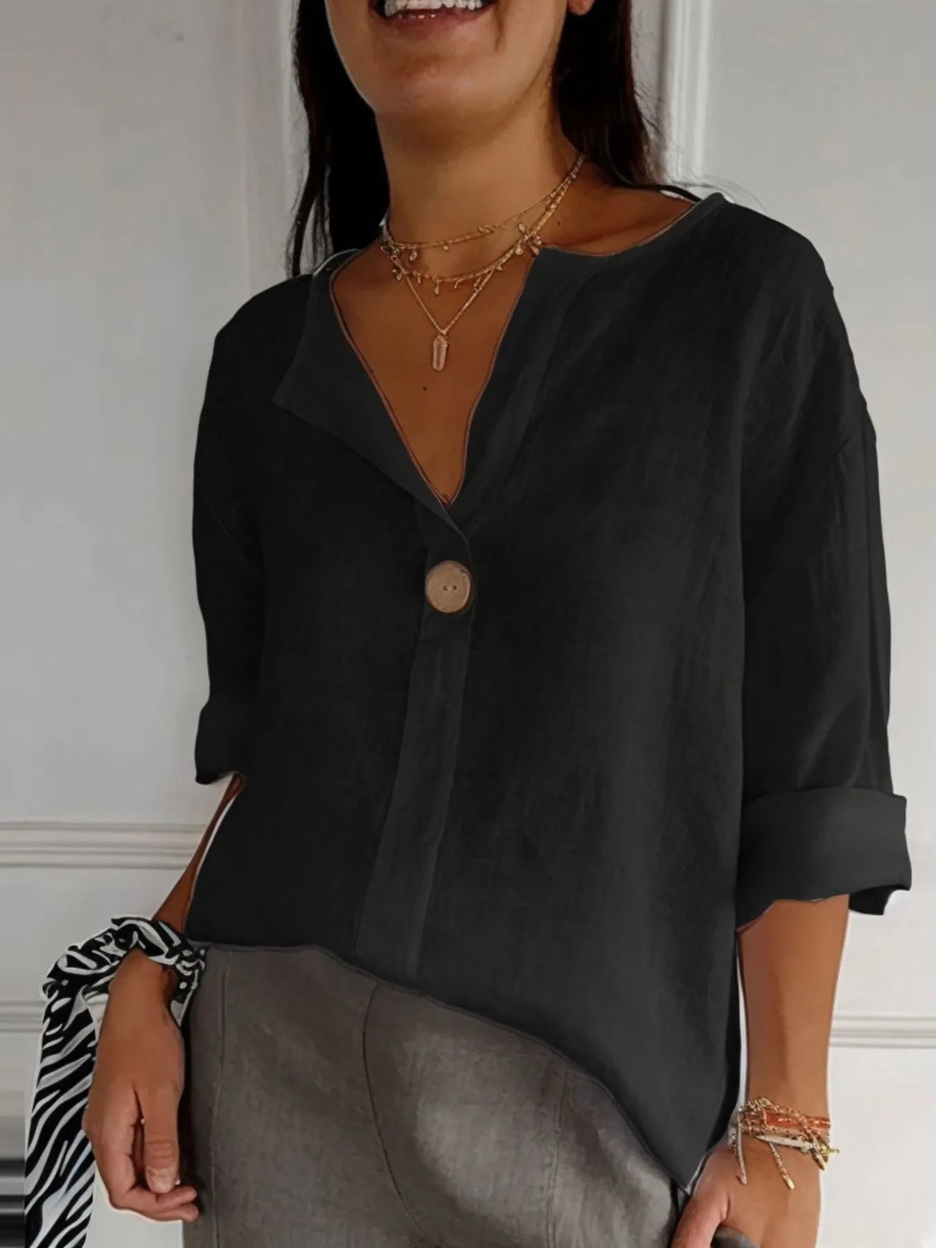 Button-Front Blouse for Women – Linen Look in Navy Blue – Chaotic Fashion