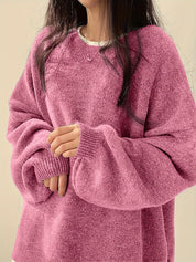 Women’s Solid Knit Sweater – Beige Polyester – Crew Neck Pullover with Split Hem for Fall & Winter