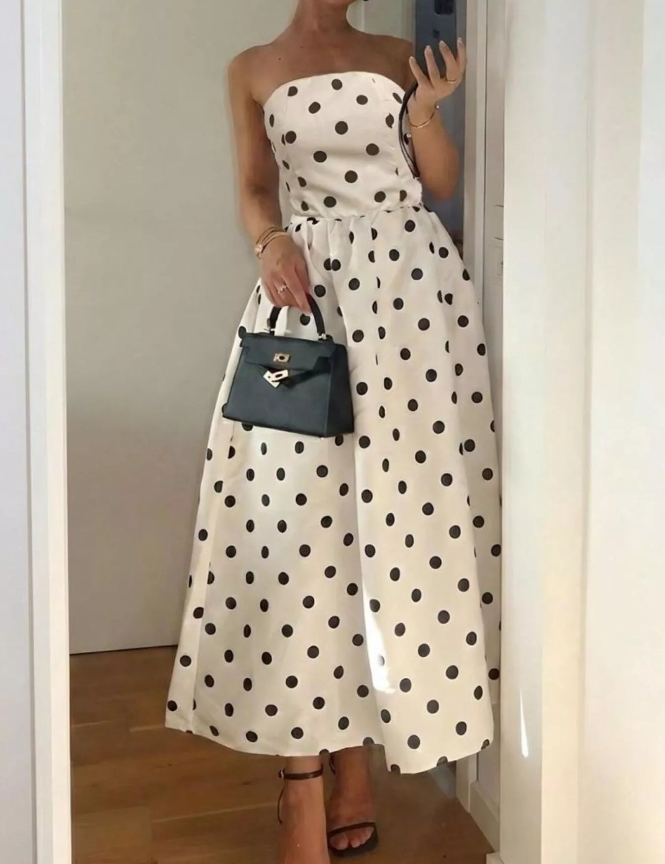 Women's midi dress in polka dot, strapless