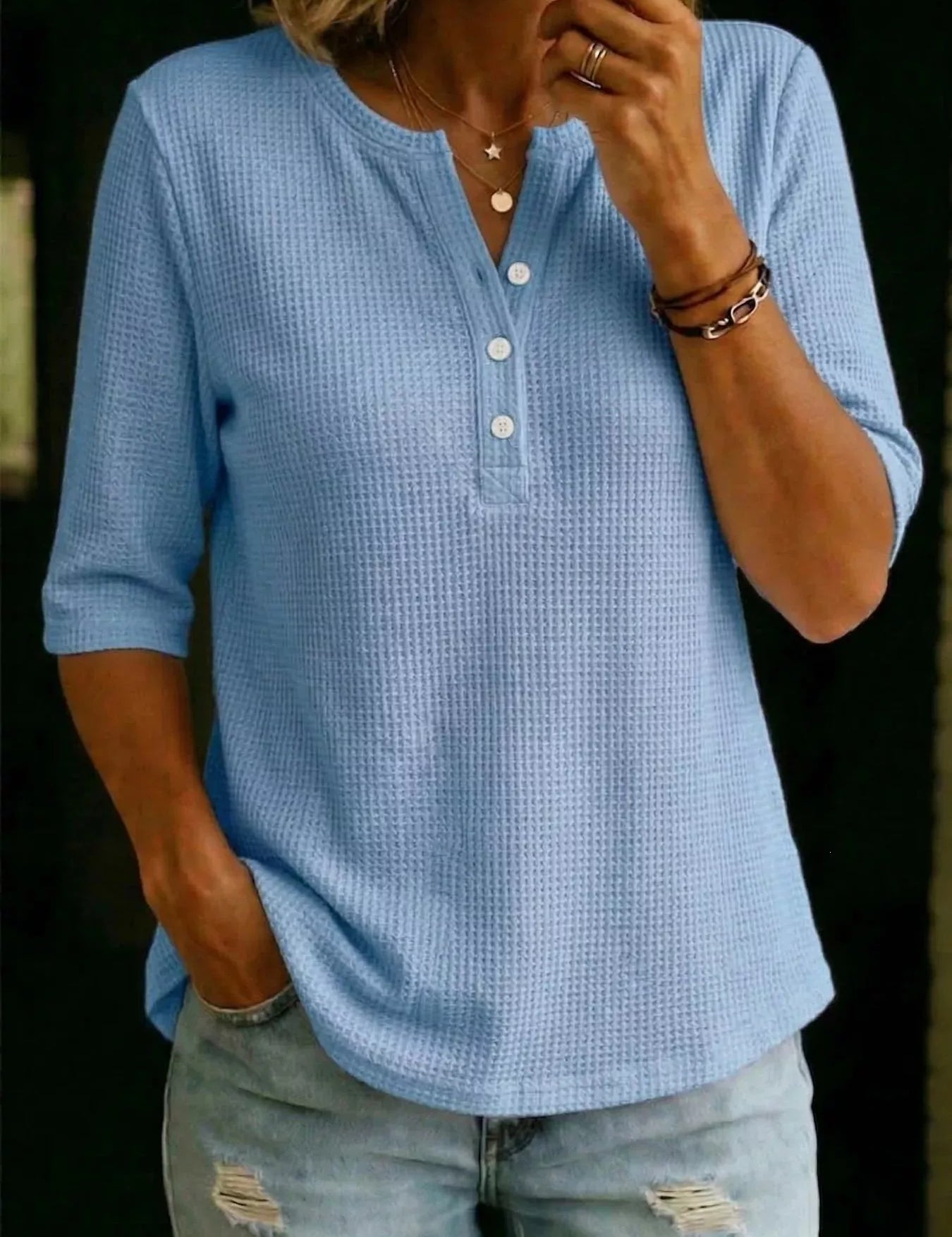 Button Placket Henley Tee – Light Blue Colorway – Chaotic Fashion