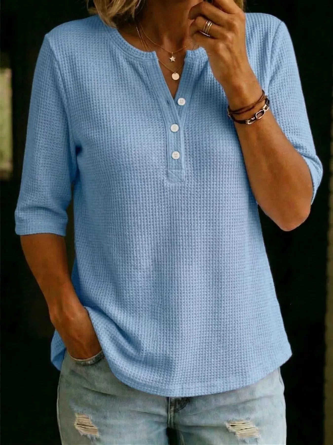 Button Placket Henley Tee – Light Blue Colorway – Chaotic Fashion