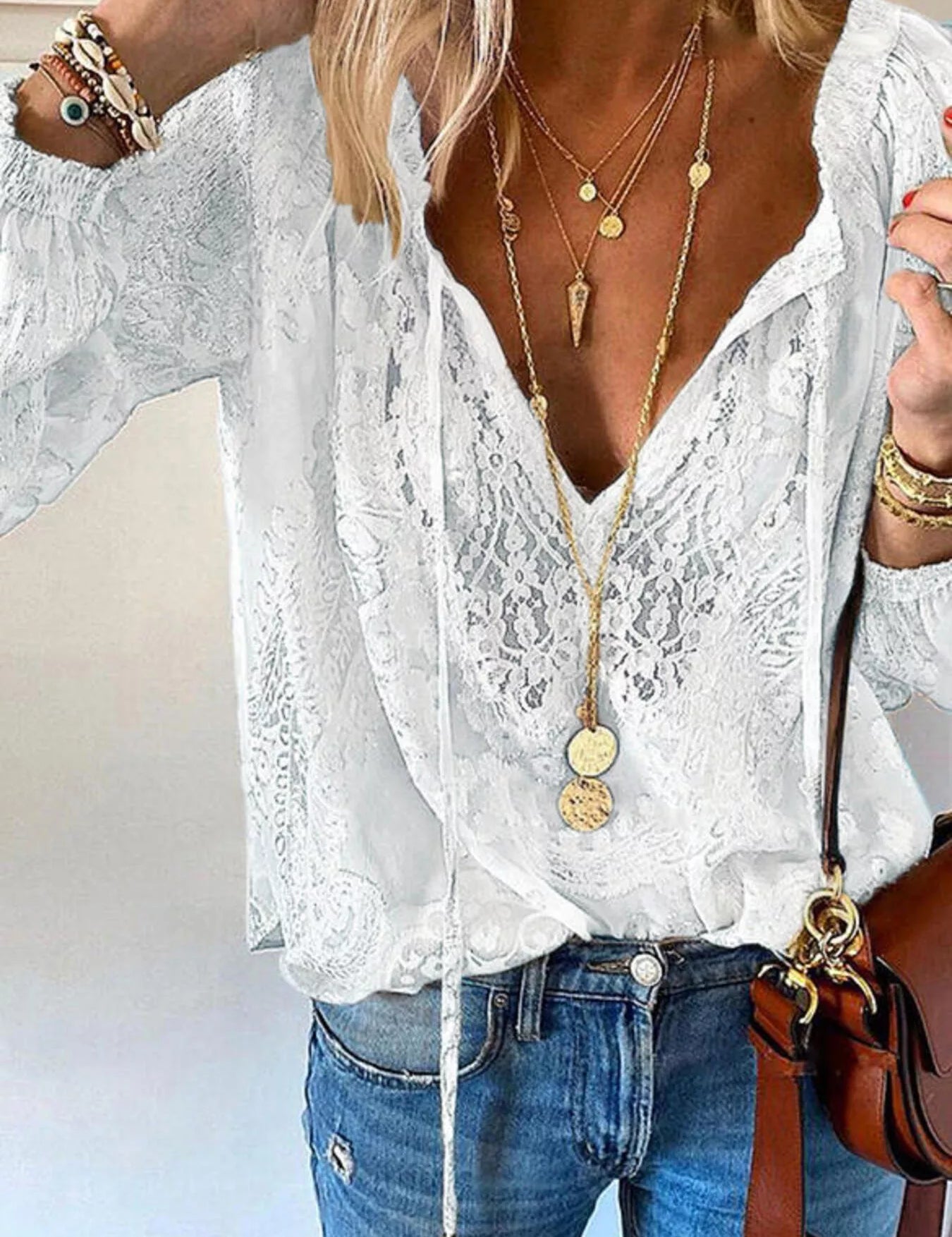 Tie-Neck Lace Blouse for Women – Sheer Style in Pink – Chaotic Fashion