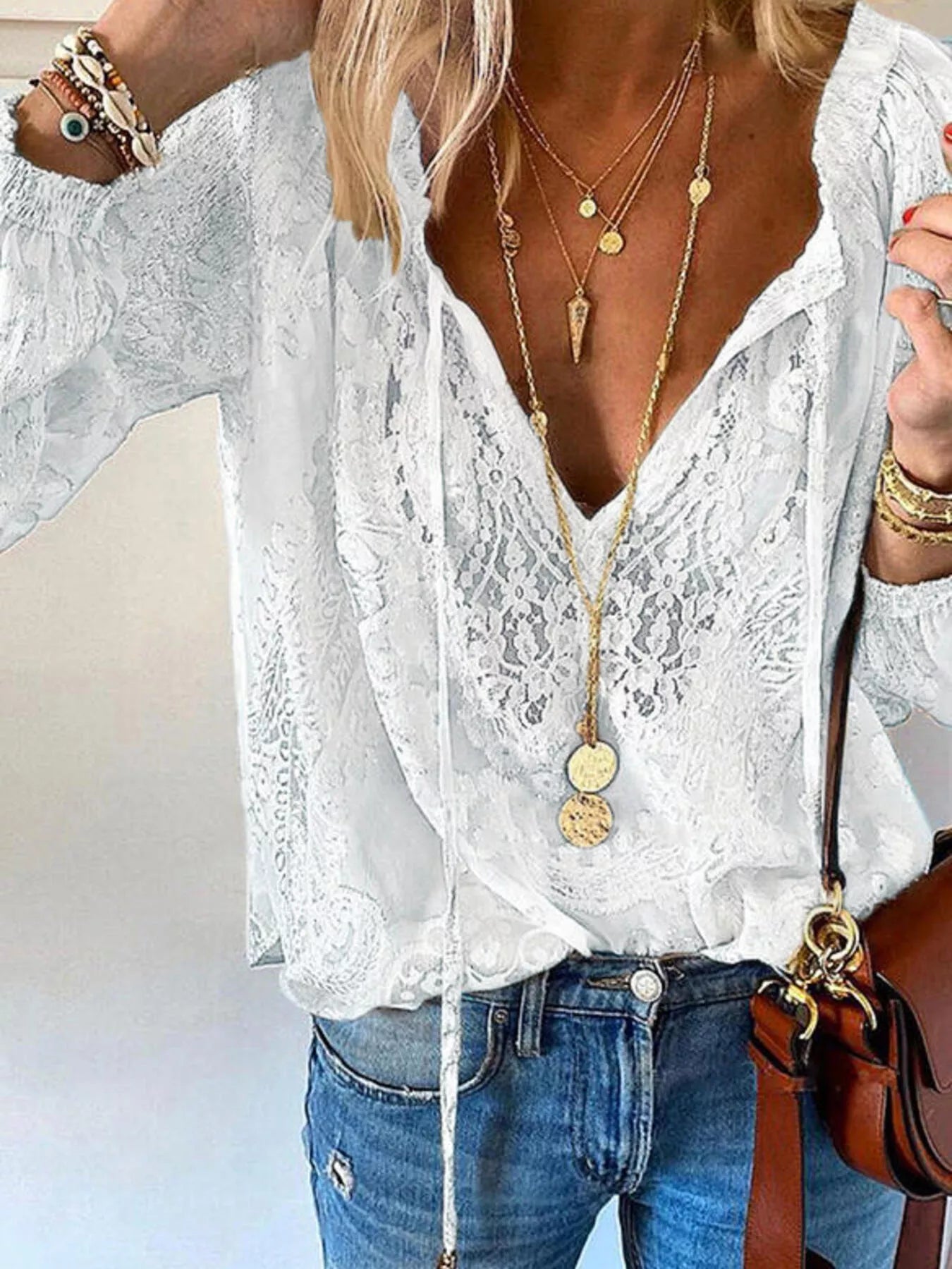 Tie-Neck Lace Blouse for Women – Sheer Style in Pink – Chaotic Fashion