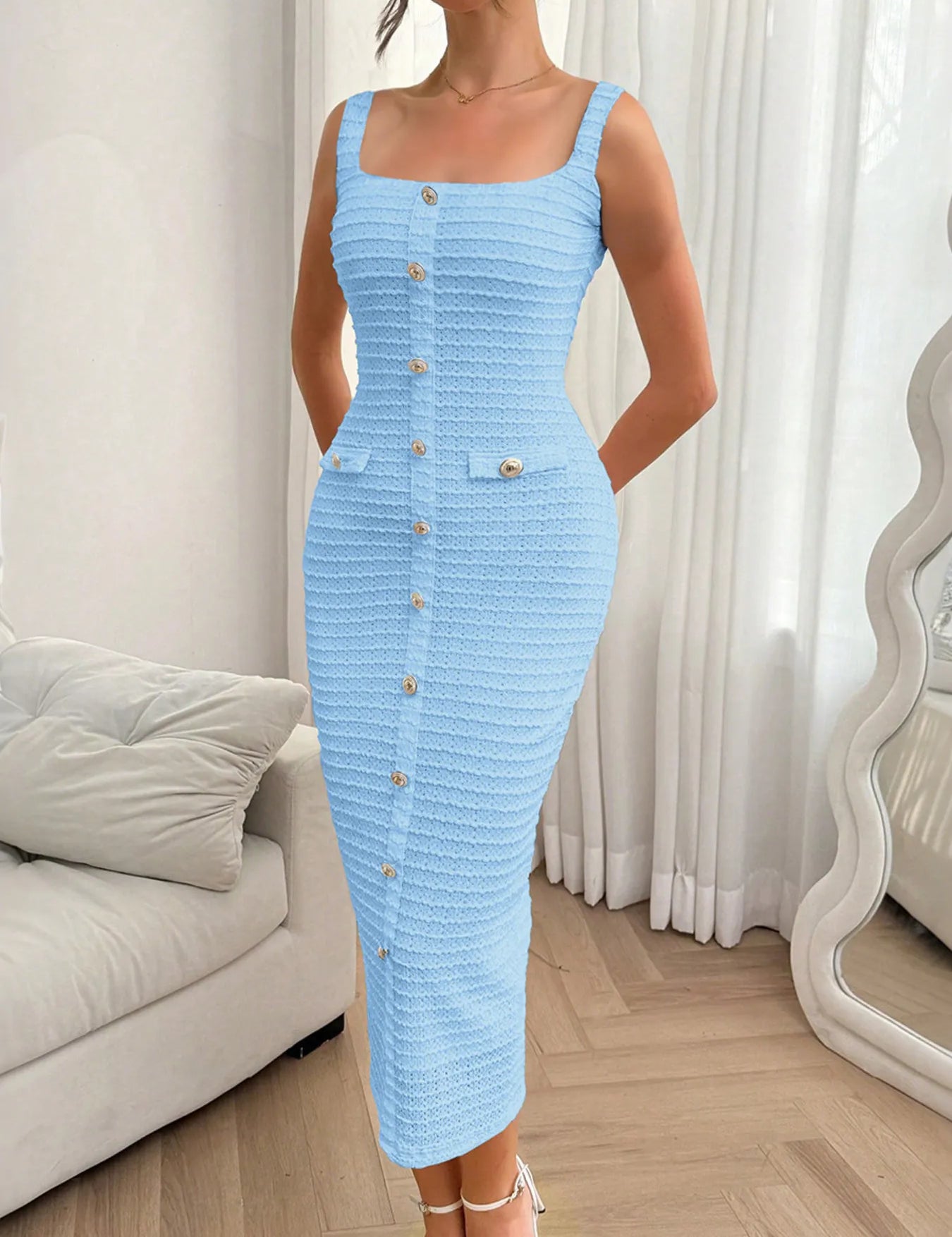 Women's midi dress, square neck sleeveless
