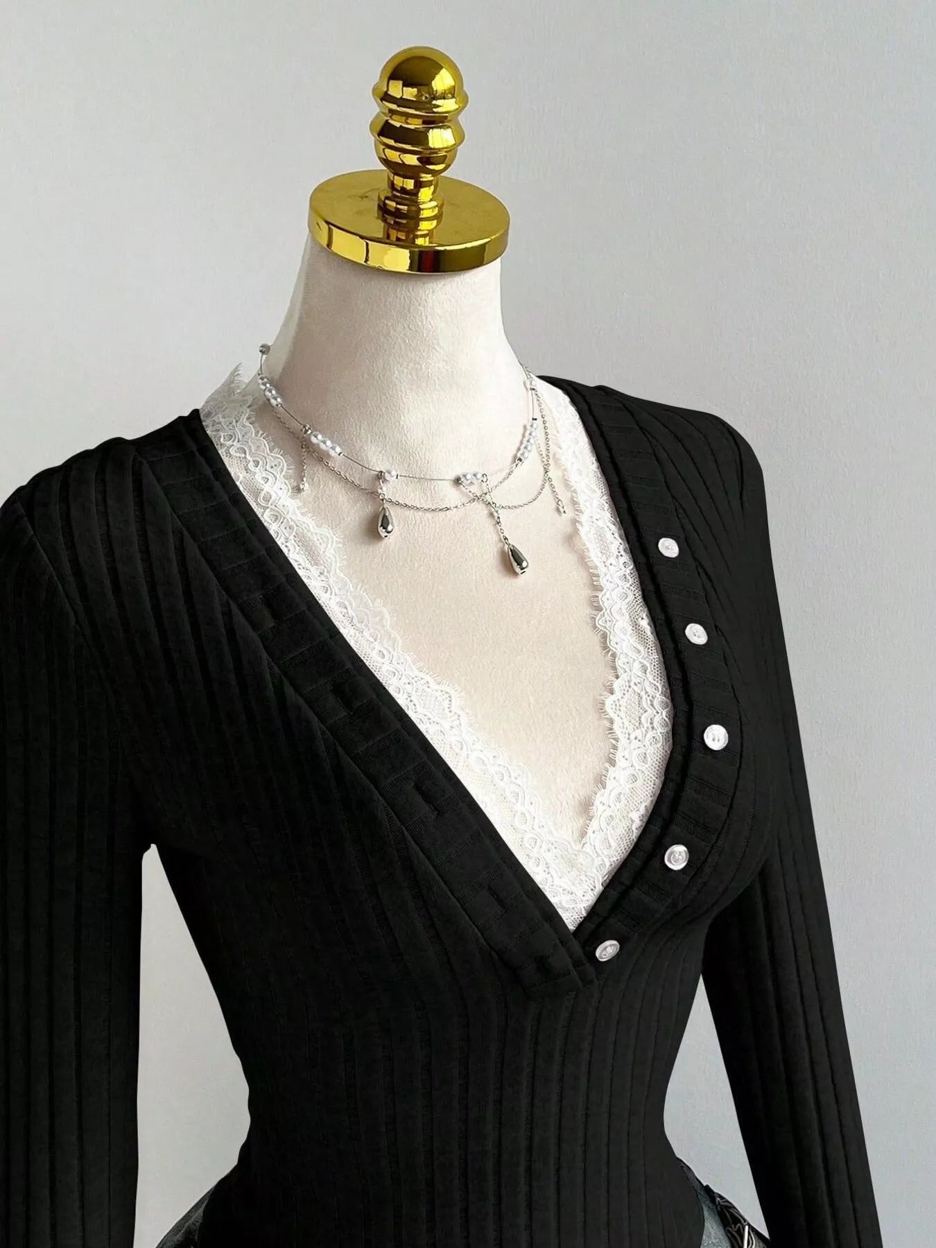 V-Neck Ribbed Knit Top – Decorative Button Placket – Chaotic Fashion