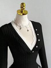 V-Neck Ribbed Knit Top – Decorative Button Placket – Chaotic Fashion