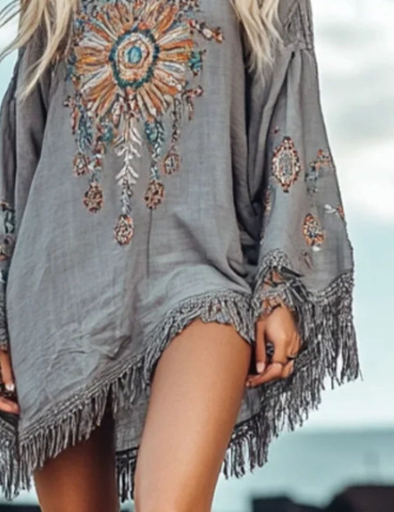 Long Sleeve Fringe Dress – Party Style in Grey – Chaotic Fashion