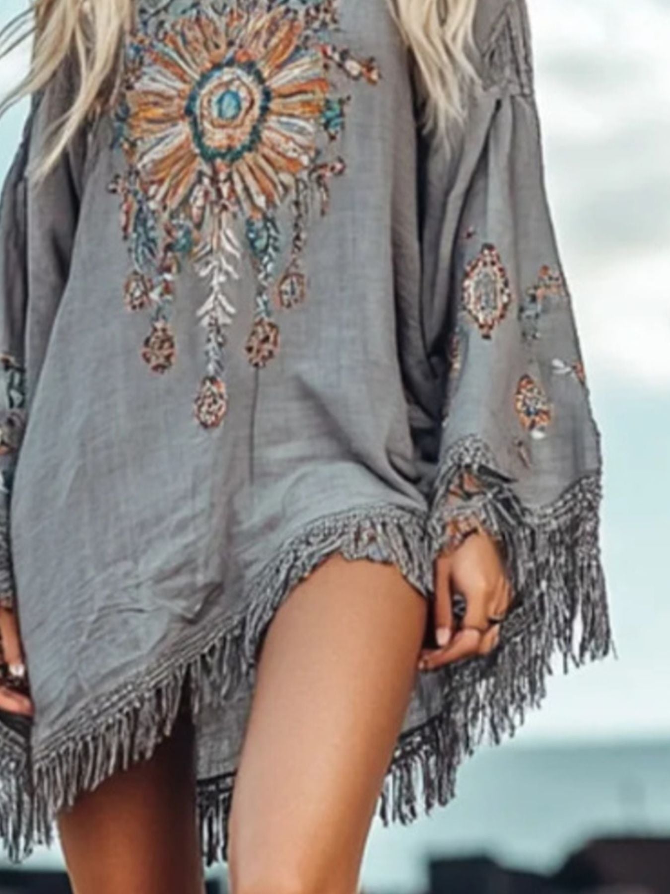 Long Sleeve Fringe Dress – Party Style in Grey – Chaotic Fashion