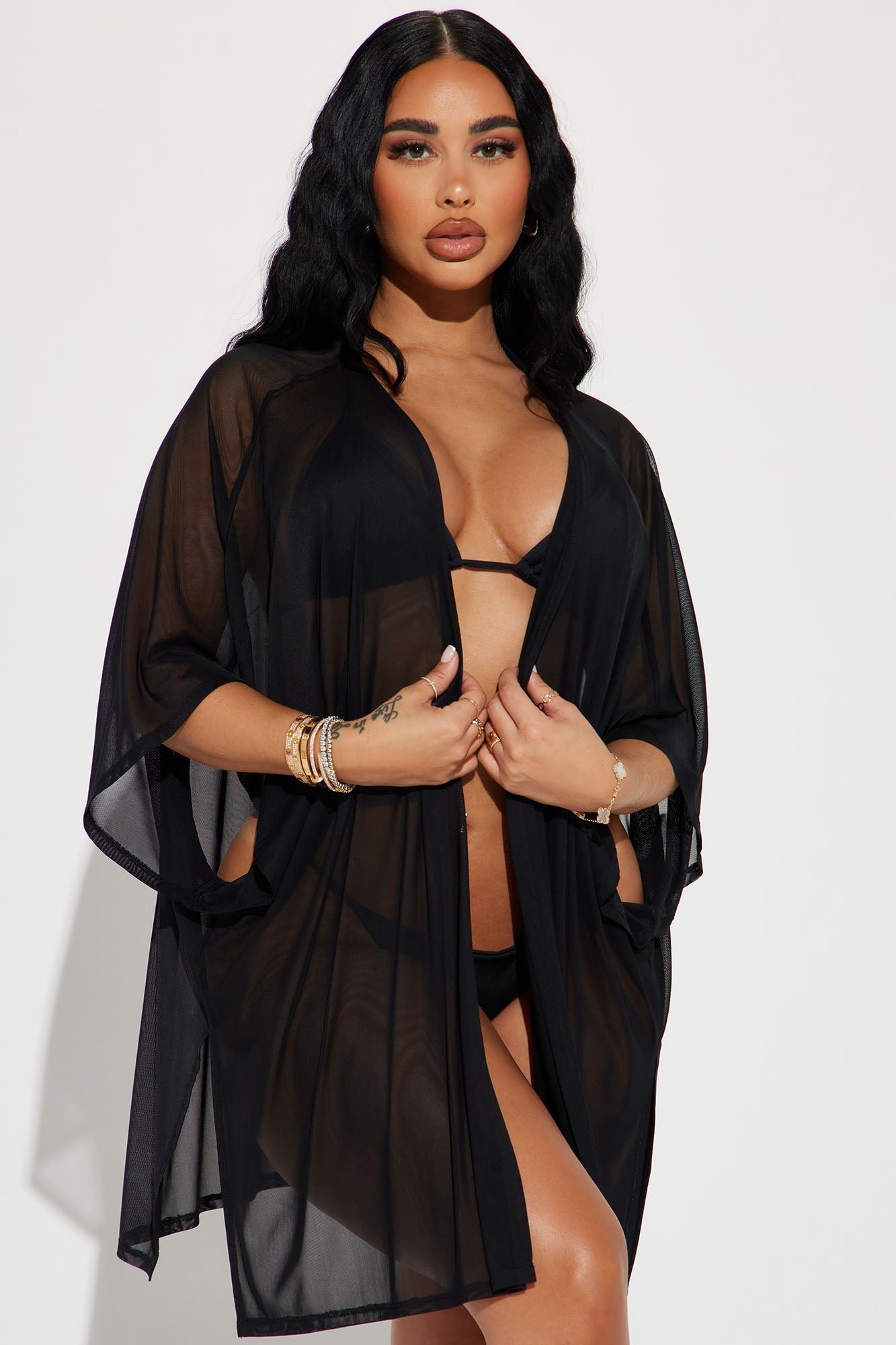 Maui Mix & Match Mesh Cover-Up Kimono  Black | Lightweight Women's Beach Cover-Up