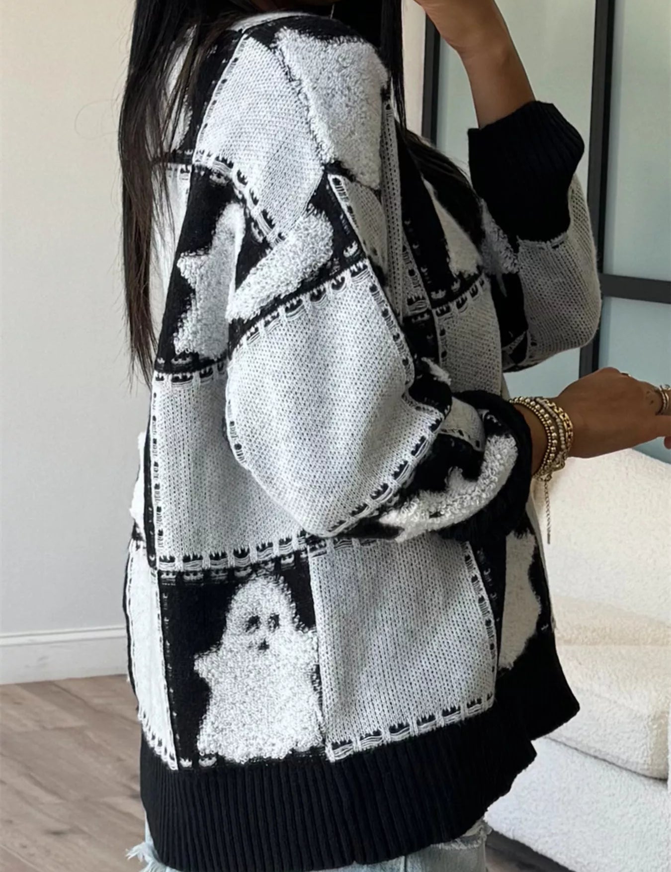 Women's plaid sweater, drop shoulder