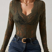 Women’s Lace V-Neck Long Sleeve Top | Elegant Scallop Cutout T-Shirt for Spring & Fall