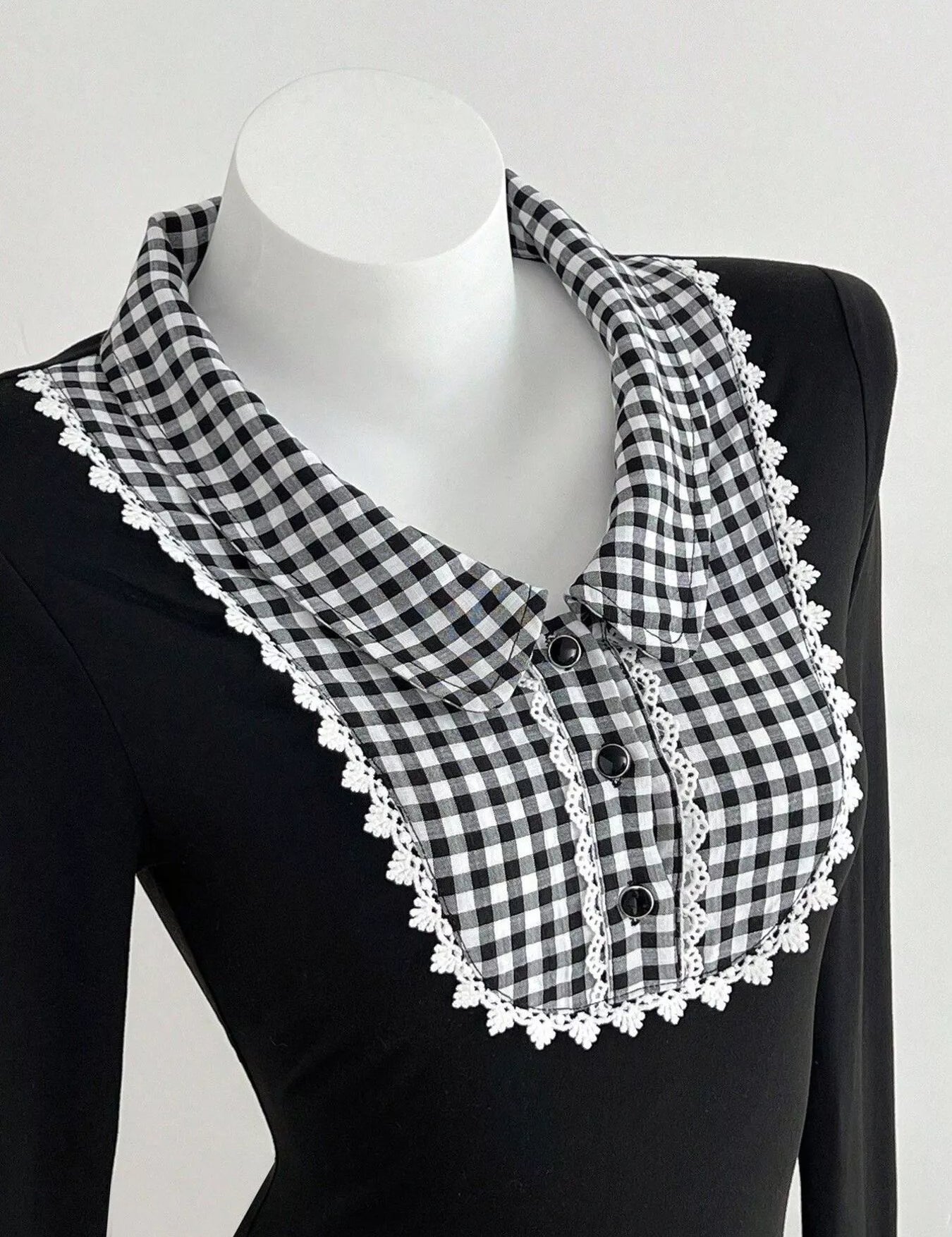 Gingham Collar Long Sleeve Top – Black Preppy Style – Chaotic Fashion