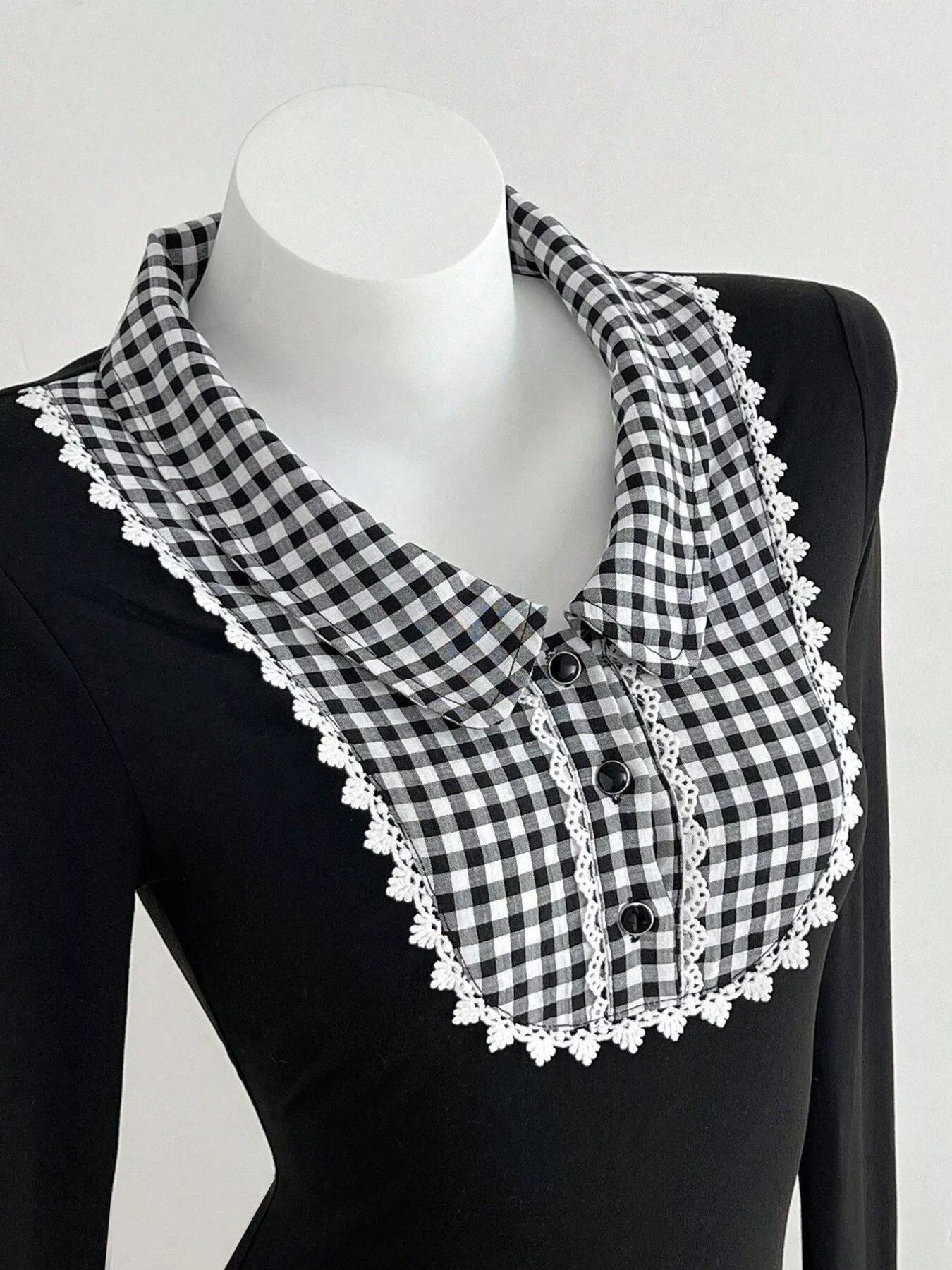 Gingham Collar Long Sleeve Top – Black Preppy Style – Chaotic Fashion