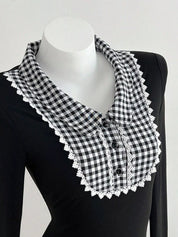 Gingham Collar Long Sleeve Top – Black Preppy Style – Chaotic Fashion