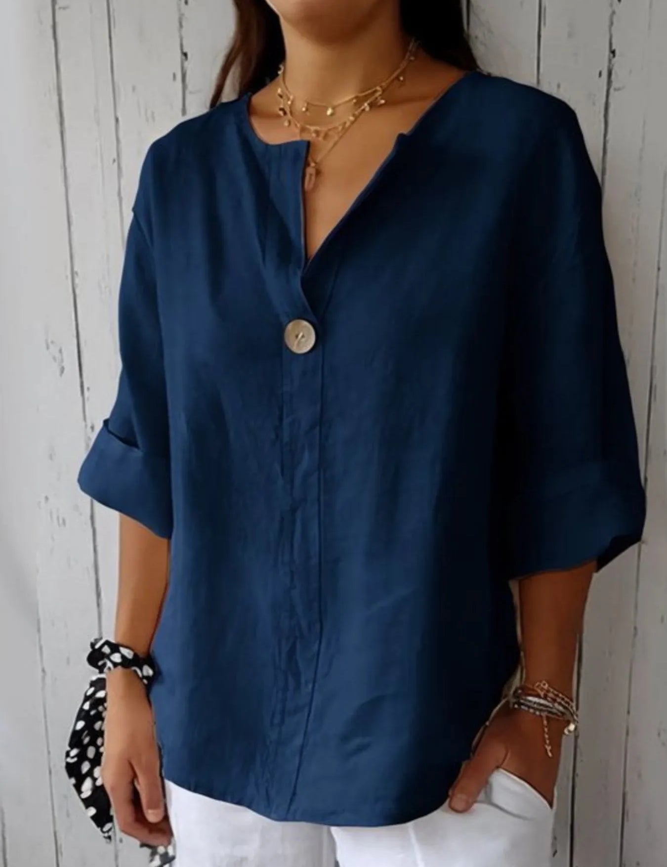 Notched Neck Button Blouse – Navy Blue Soft Fabric – Chaotic Fashion