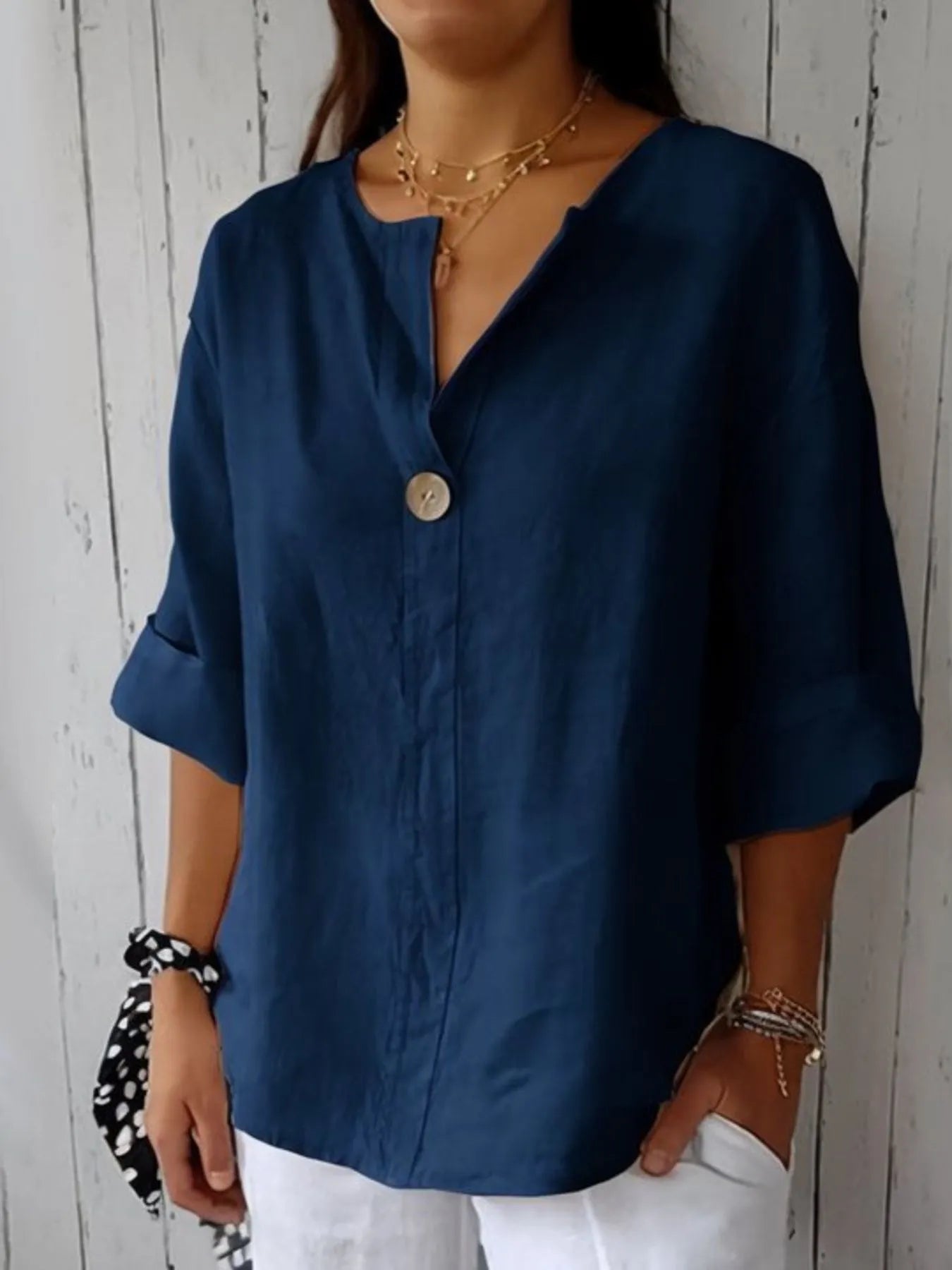 Notched Neck Button Blouse – Navy Blue Soft Fabric – Chaotic Fashion
