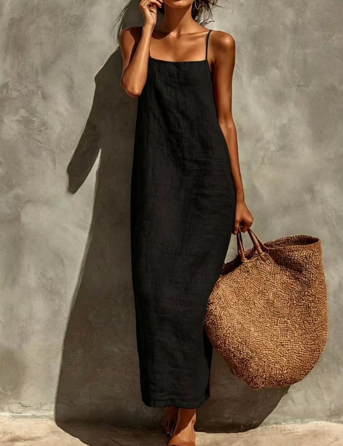 Casual Linen Dress – Blue Floor-Length Drape – Chaotic Fashion