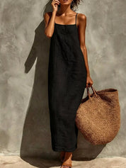Casual Linen Dress – Blue Floor-Length Drape – Chaotic Fashion