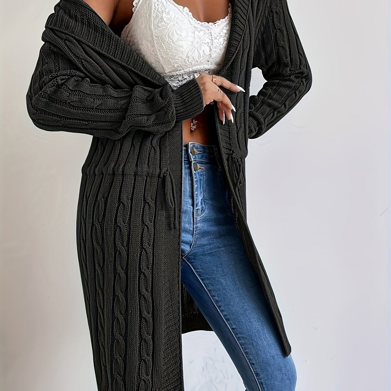Women’s Long Knit Cardigan | V-Neck Hooded Drawstring Sweater for Fall & Winter