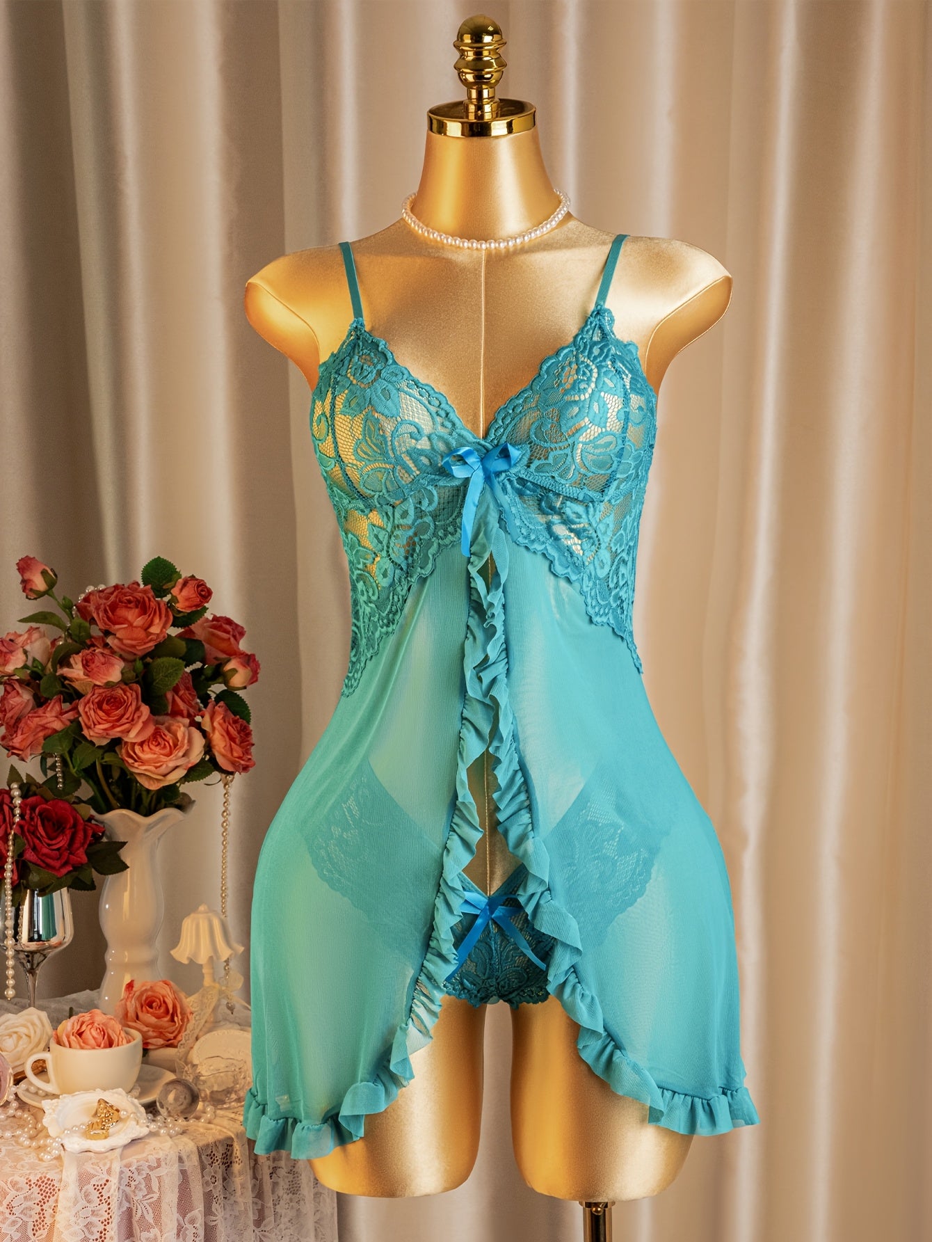 Teal sheer babydoll lingerie set - open front mesh slip with lace cups - Chaotic Fashion