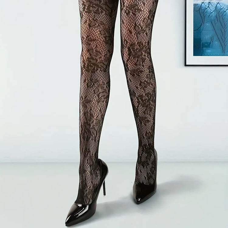 Floral Lace Fishnet Tights – Sheer Patterned Pantyhose for Women – Chaotic Fashion