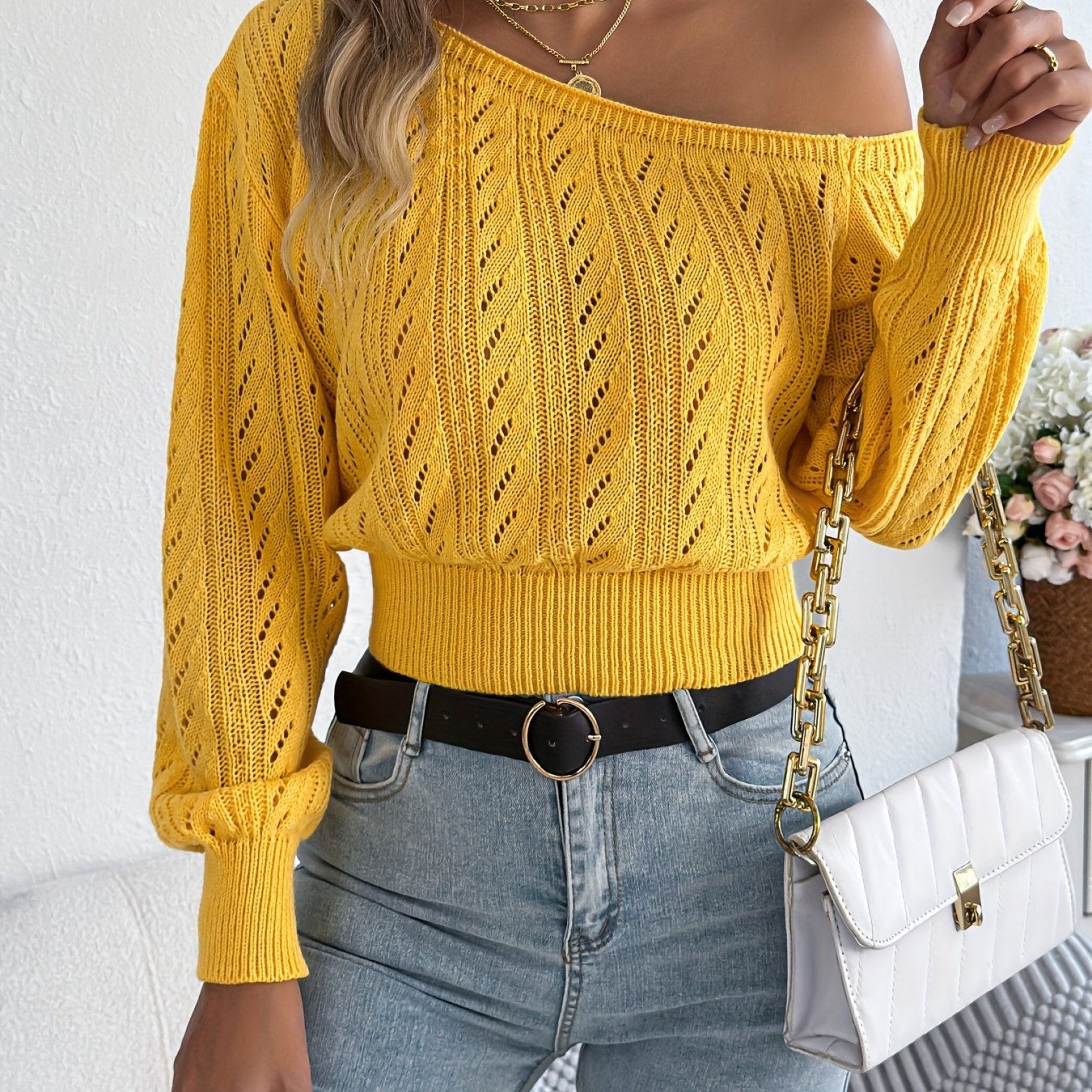 Elegant Off-Shoulder Hollow Knit Sweater for Women – Long Sleeve Asymmetrical Pullover for Autumn Winter