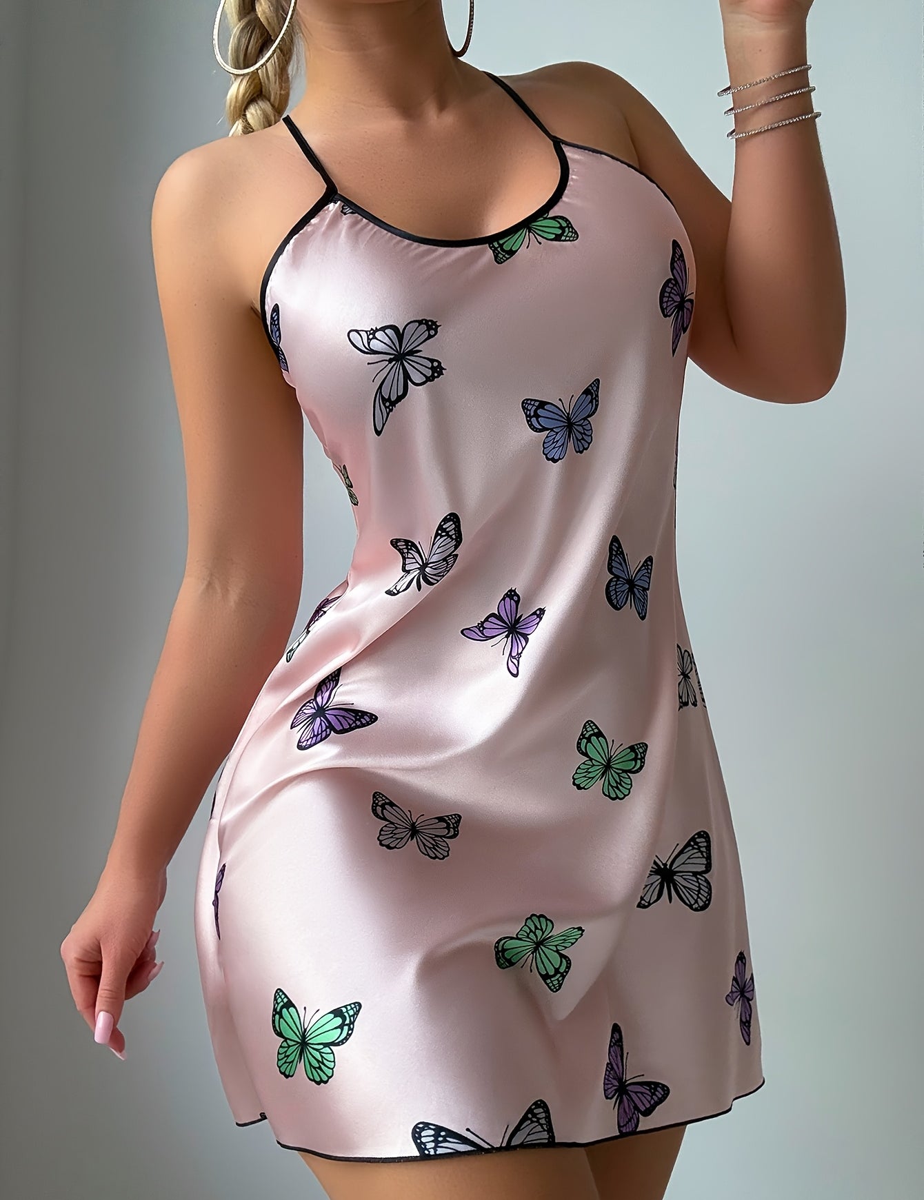 Pink satin butterfly chemise worn as a mini slip dress, full front view