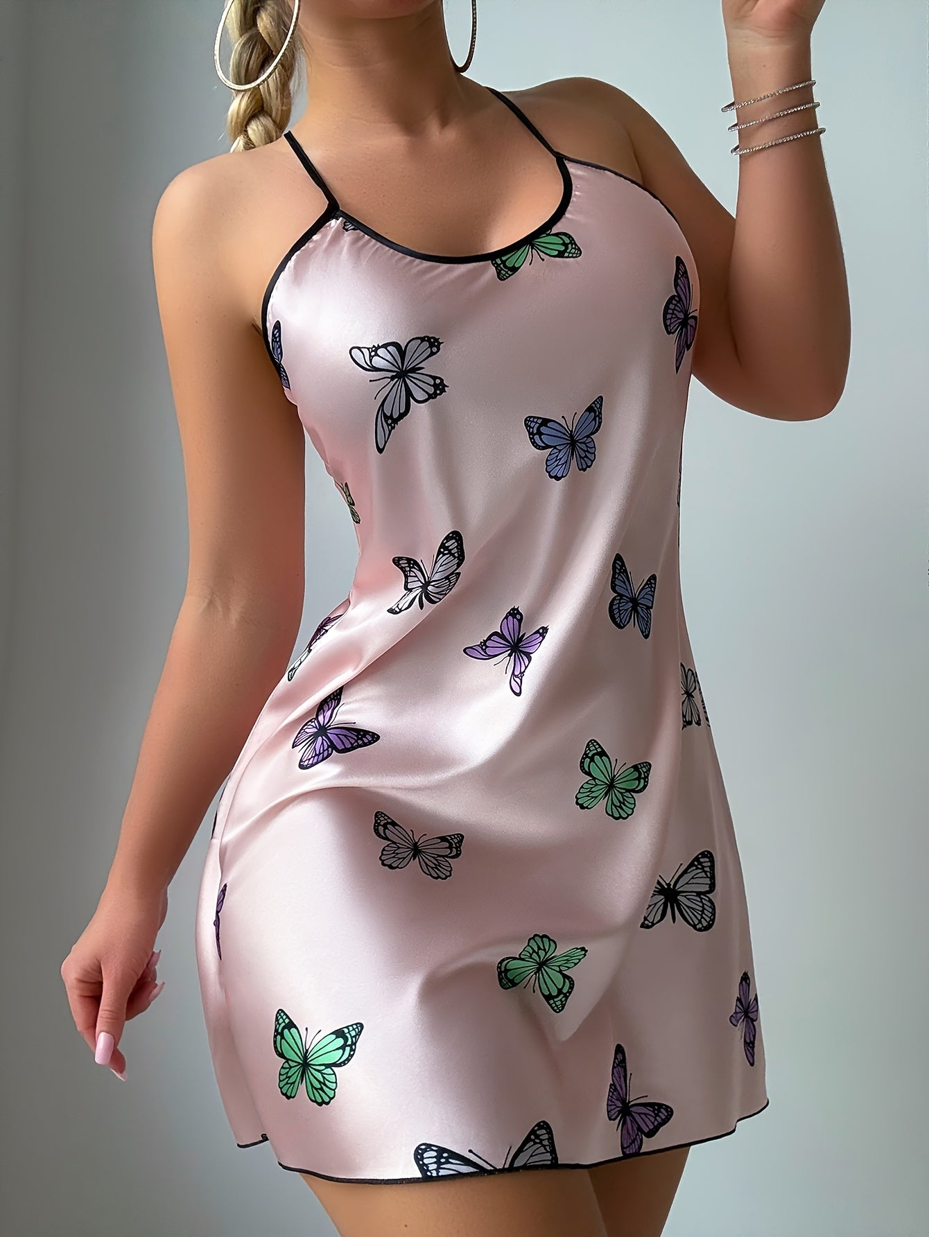 Pink satin butterfly chemise worn as a mini slip dress, full front view
