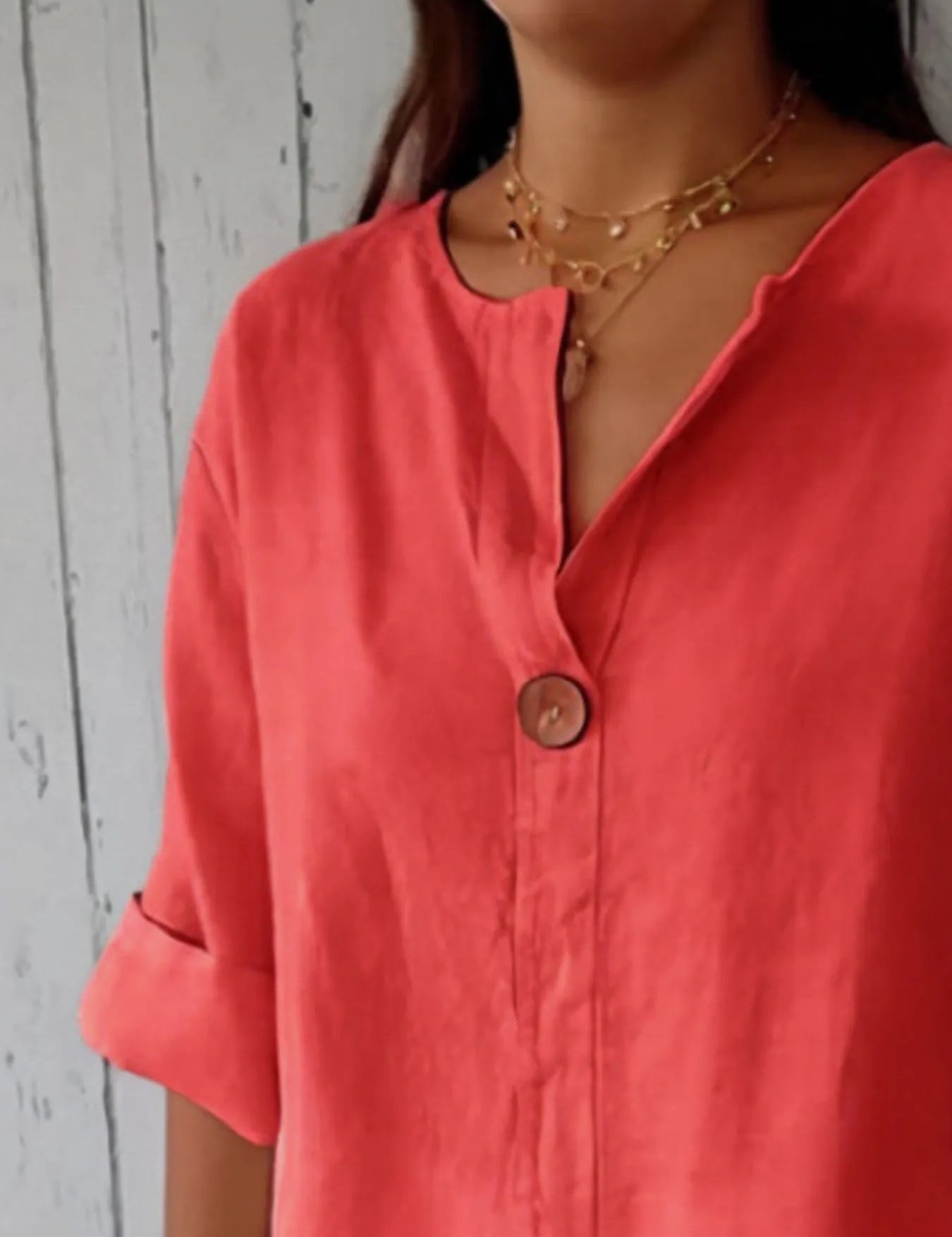 Linen-Look Notched Blouse – Black Relaxed Cut – Chaotic Fashion