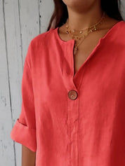 Linen-Look Notched Blouse – Black Relaxed Cut – Chaotic Fashion