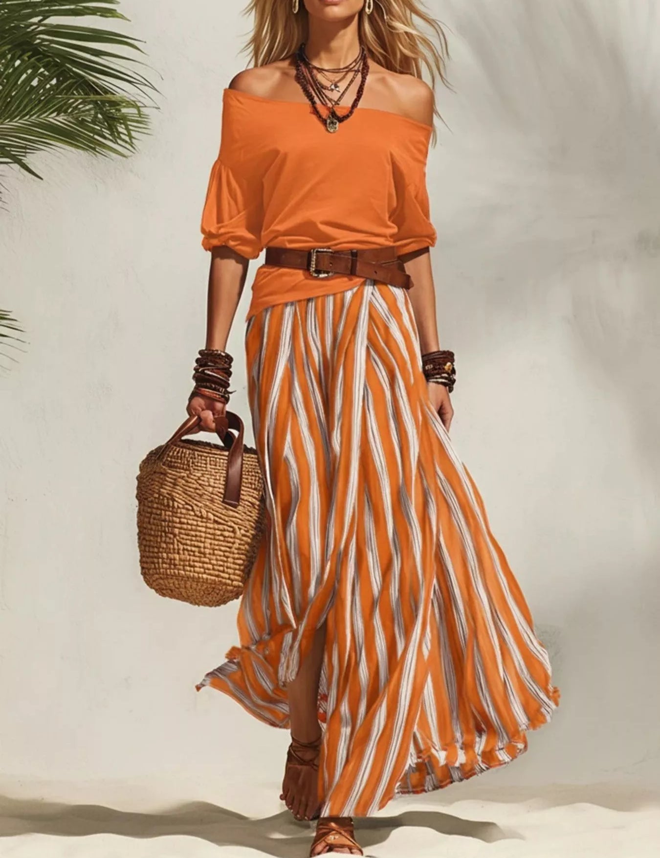 Women's maxi dress in striped, off-shoulder