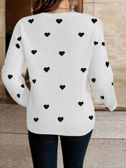 Women’s Heart Pattern Knit Sweater – Pink Polyester – Crew Neck Pullover for Fall & Winter