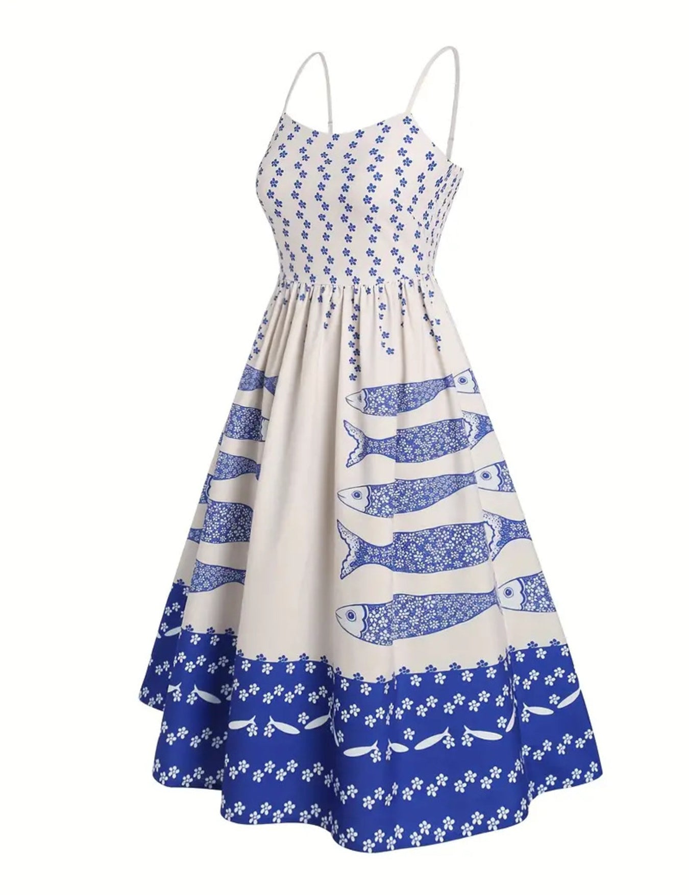 Sardine Print Dress – Royal Blue Spaghetti Straps – Chaotic Fashion