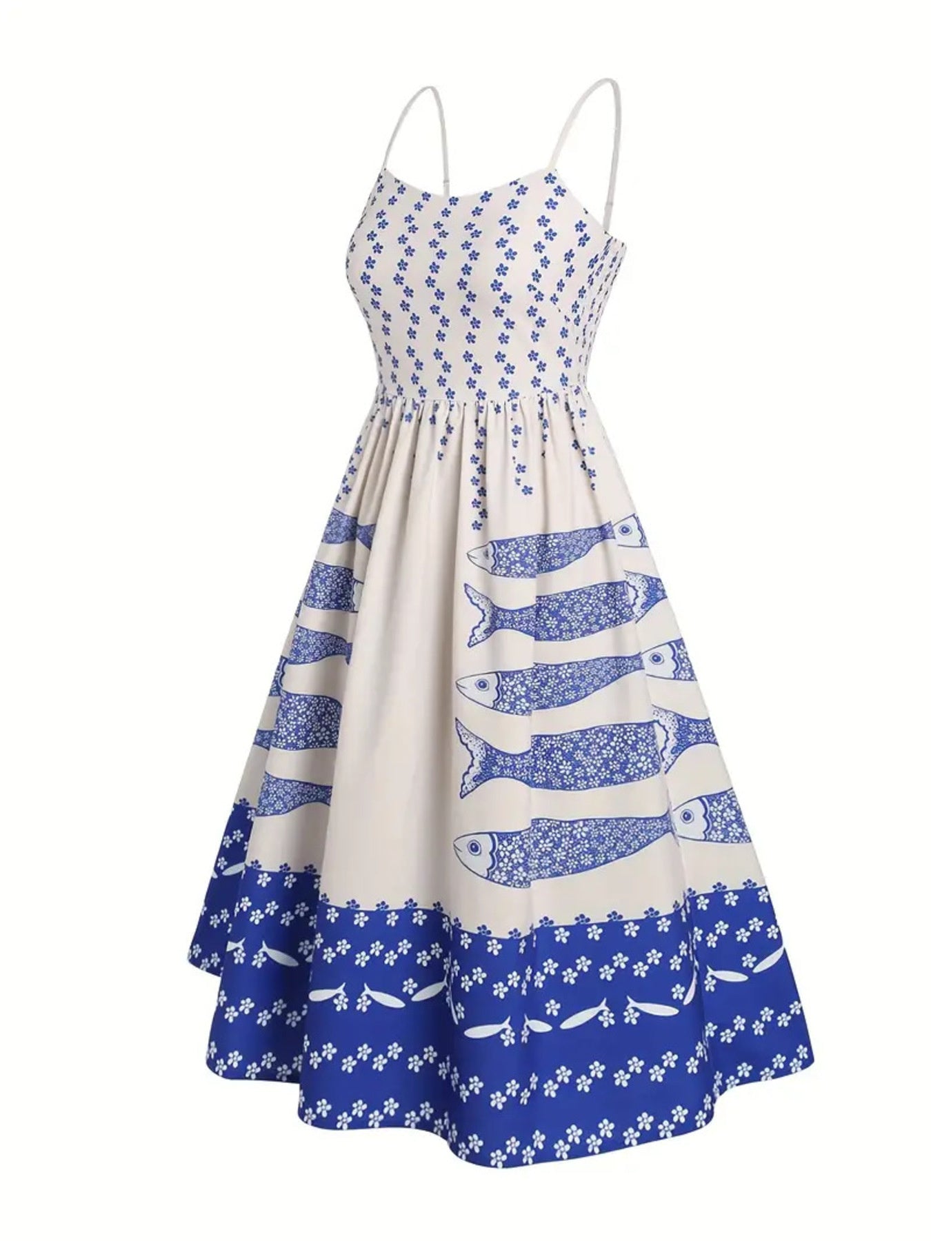 Sardine Print Dress – Royal Blue Spaghetti Straps – Chaotic Fashion
