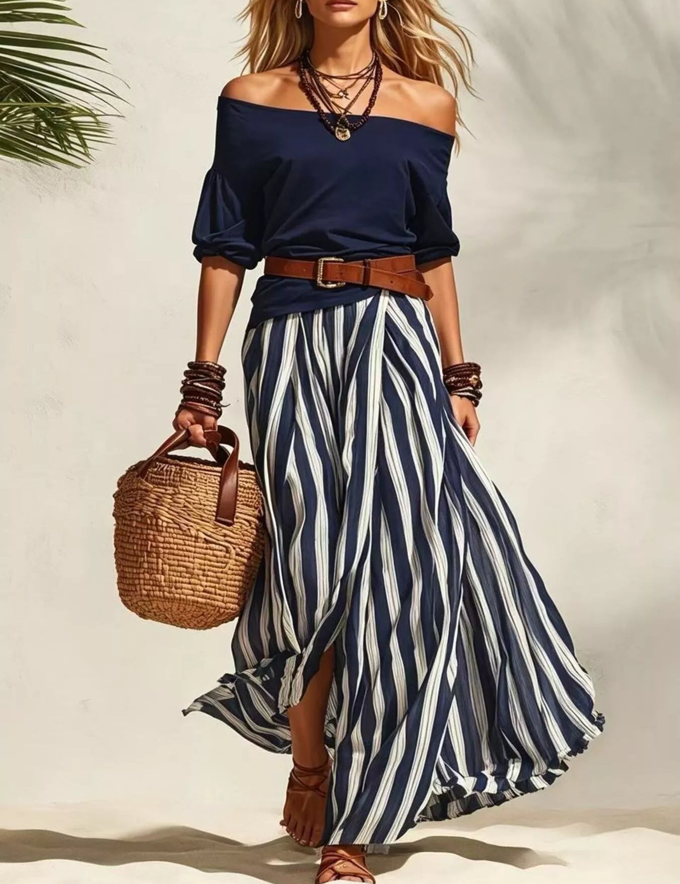 Women's maxi dress in striped, off-shoulder