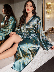 Plus size satin kimono robe in green floral print, wrap front with tie belt