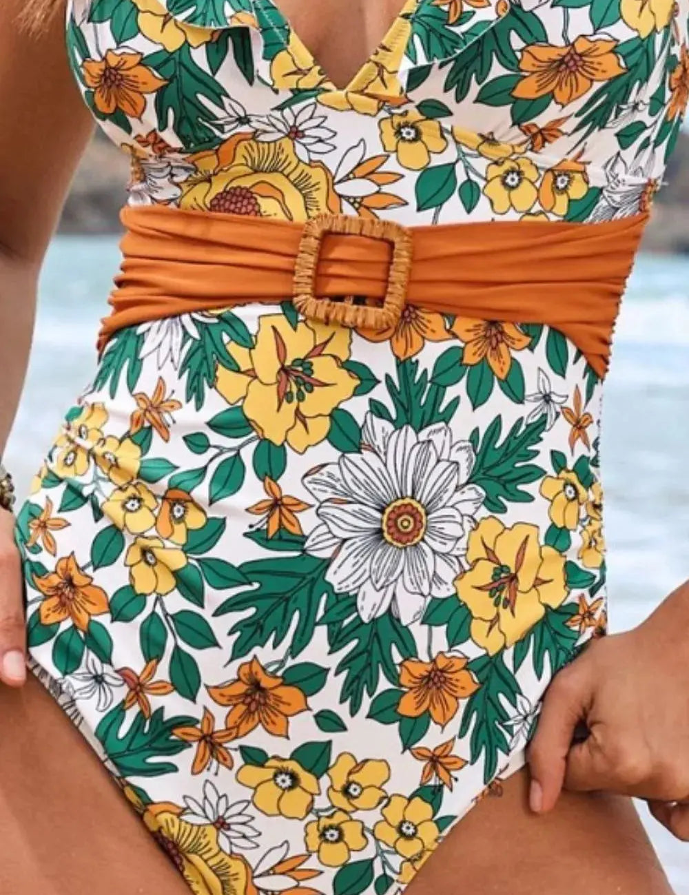 Women's floral one-piece swimsuit, v-neck